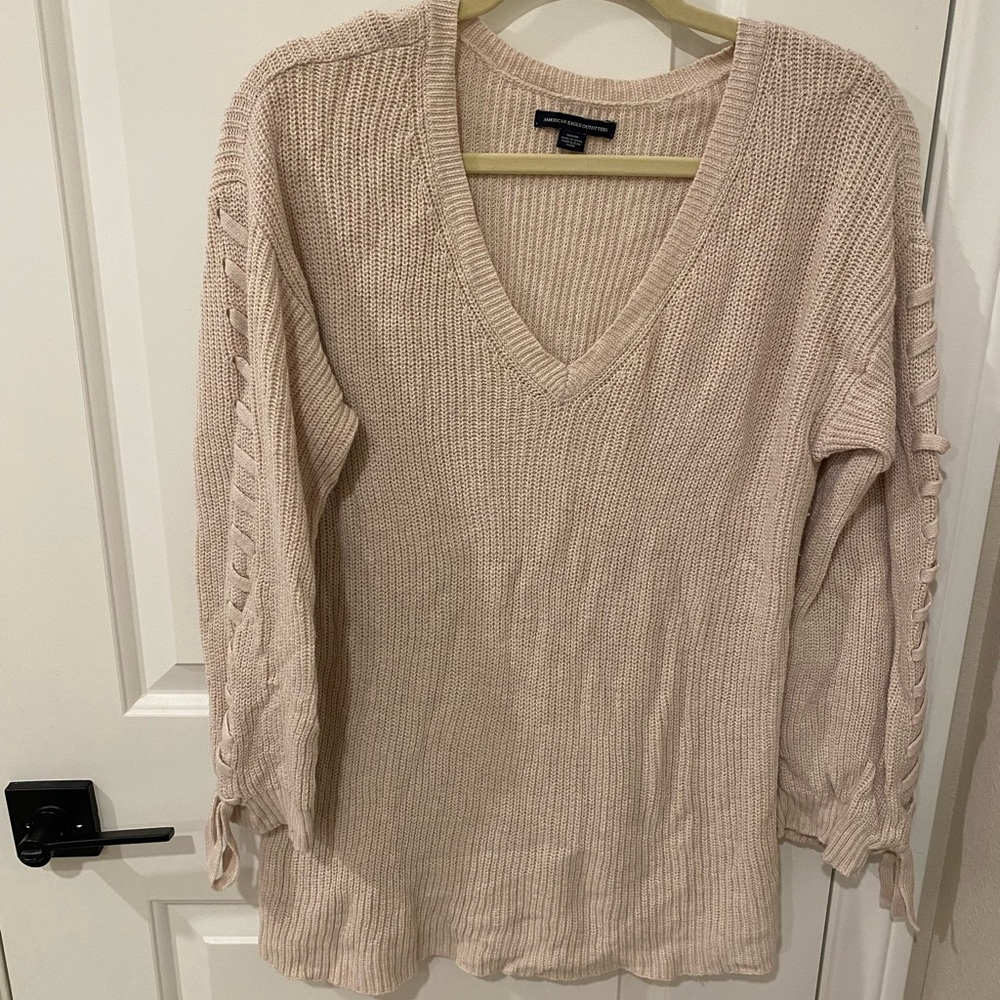 American Eagle Tan V-Neck Sweater with braided sleeve detail